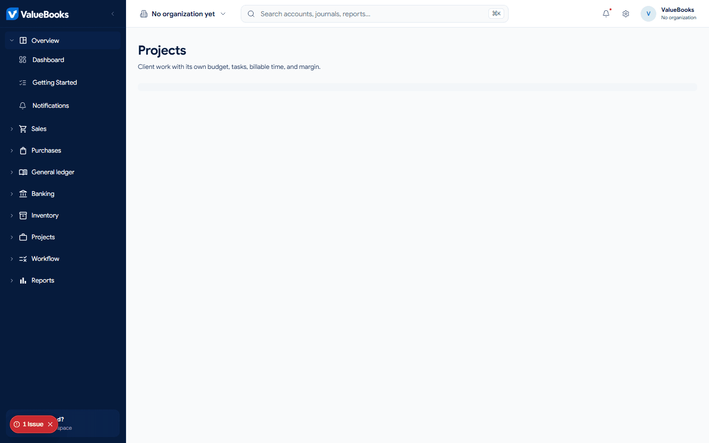 ValueBooks projects or profitability screen with demo information
