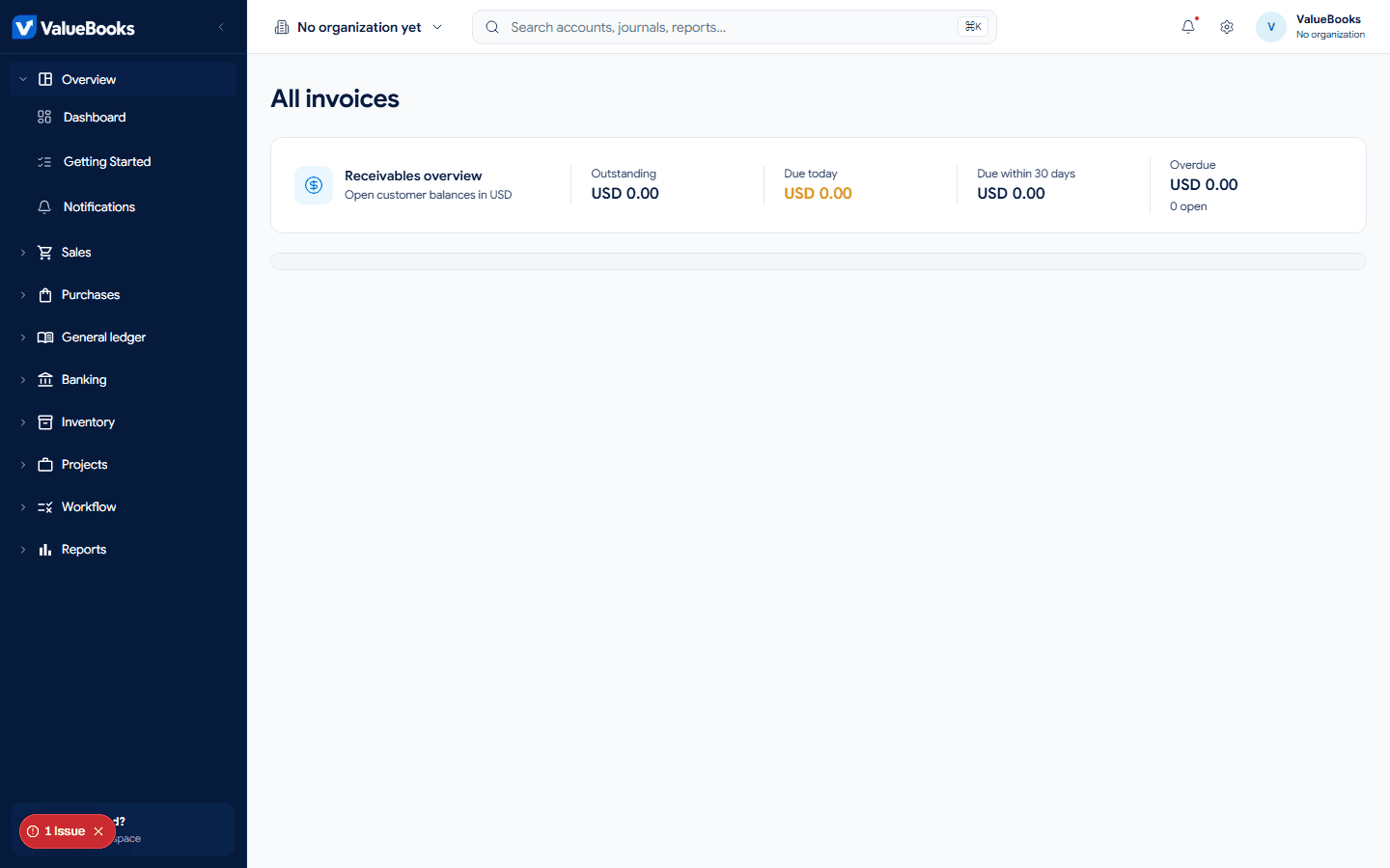 ValueBooks invoicing or receivables screen with demo information