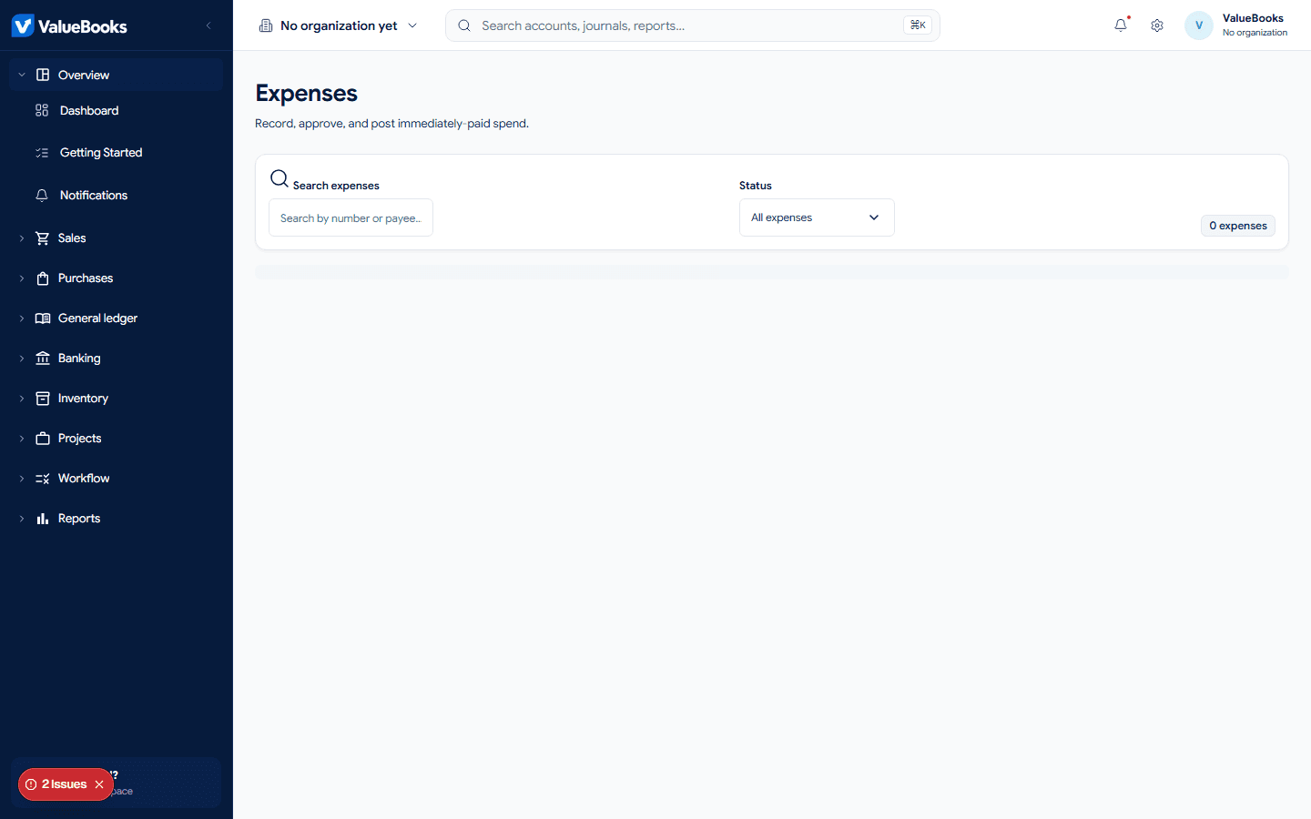ValueBooks purchasing or expenses screen with demo information